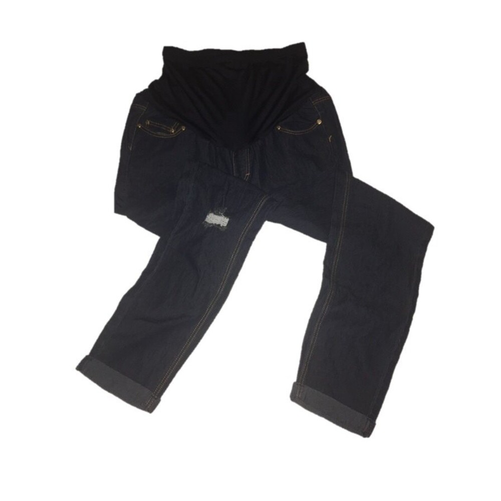 Times Two maternity jeans Medium blue denim distressed cuffed dark wash relaxed